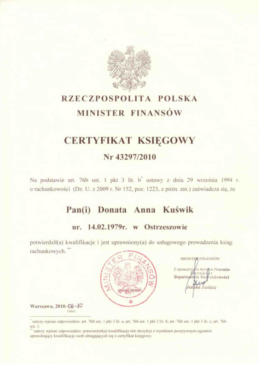 Certyfikat Księgowy DK Biuro Rachunkowe Ostrów Wlkp